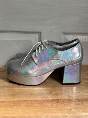 NEW 1031 Holographic Silver Platform Heels SZ 12/13 Large Unisex 70s Pride Disco